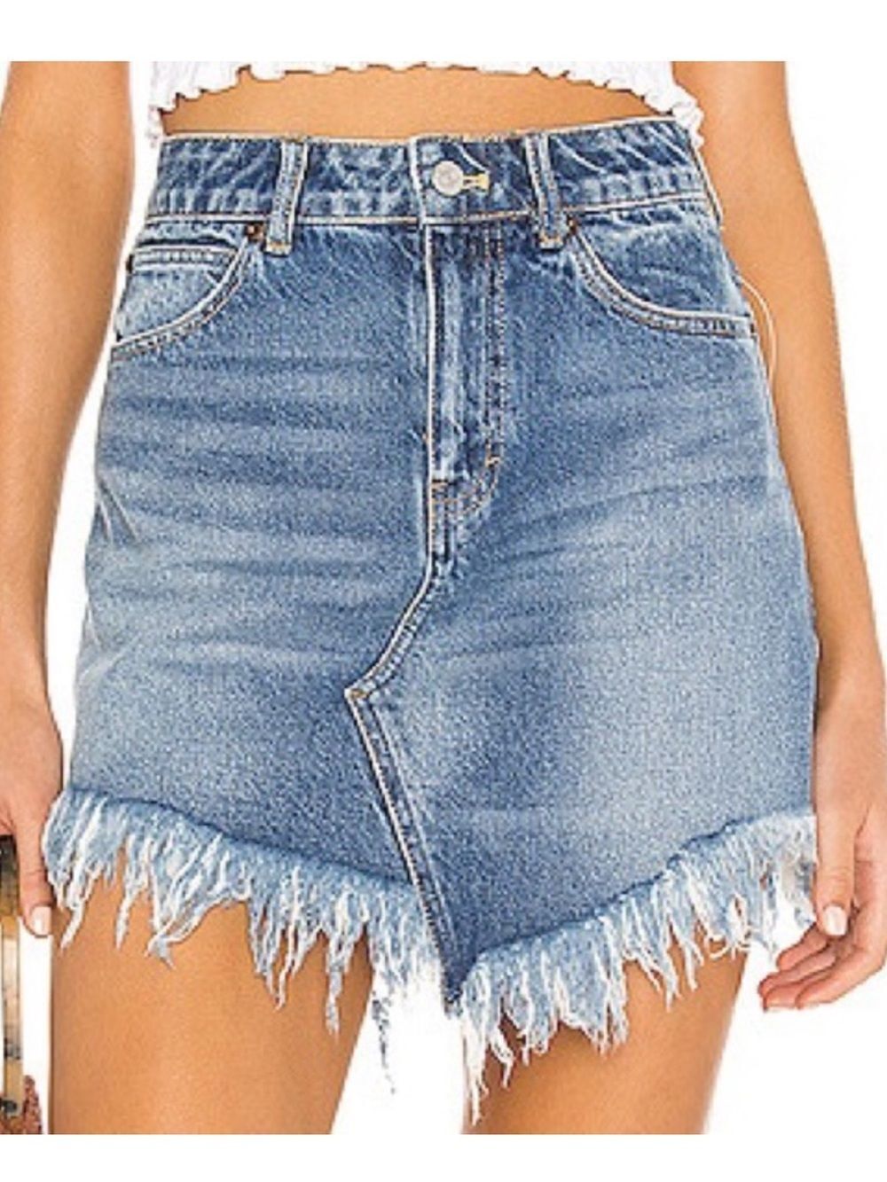 Free People We the Free Frayed Hem Denim Skirt Asymmetrical Seam Size 26 Cotton
